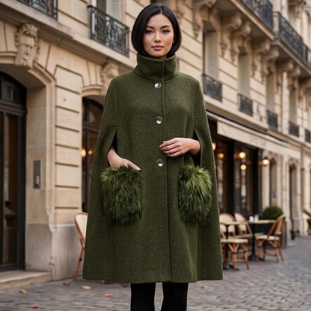 Faux Fur Pocketed Cape (Olive Green) - September Arrival