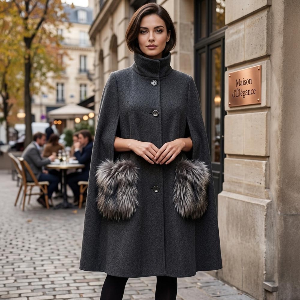 Faux Fur Pocketed Cape (Dark Grey) - September Arrival
