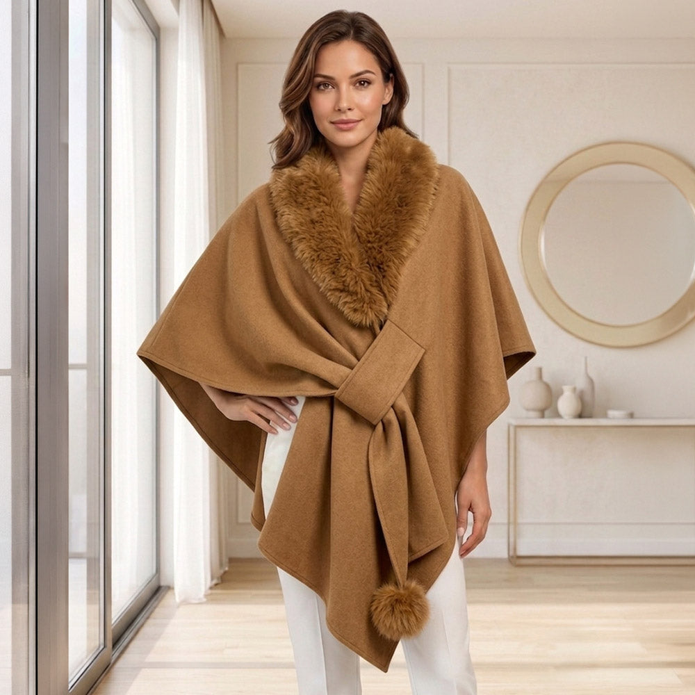 Faux Fur Side Belted Poncho Wrap (Camel Brown) - September Arrival
