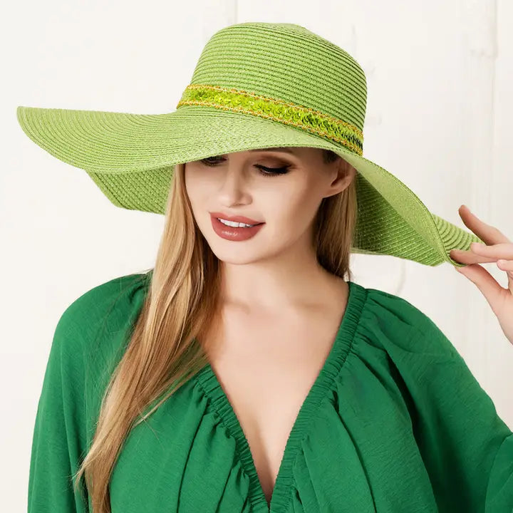 Green Jeweled Wide Brim Oversized Sun Hat