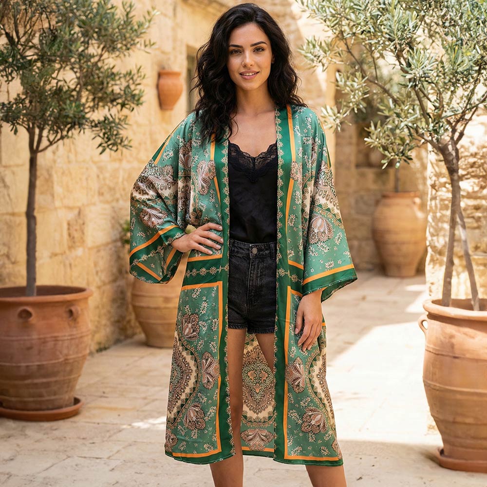 Spring Kimono - Green Japanese Inspired Print