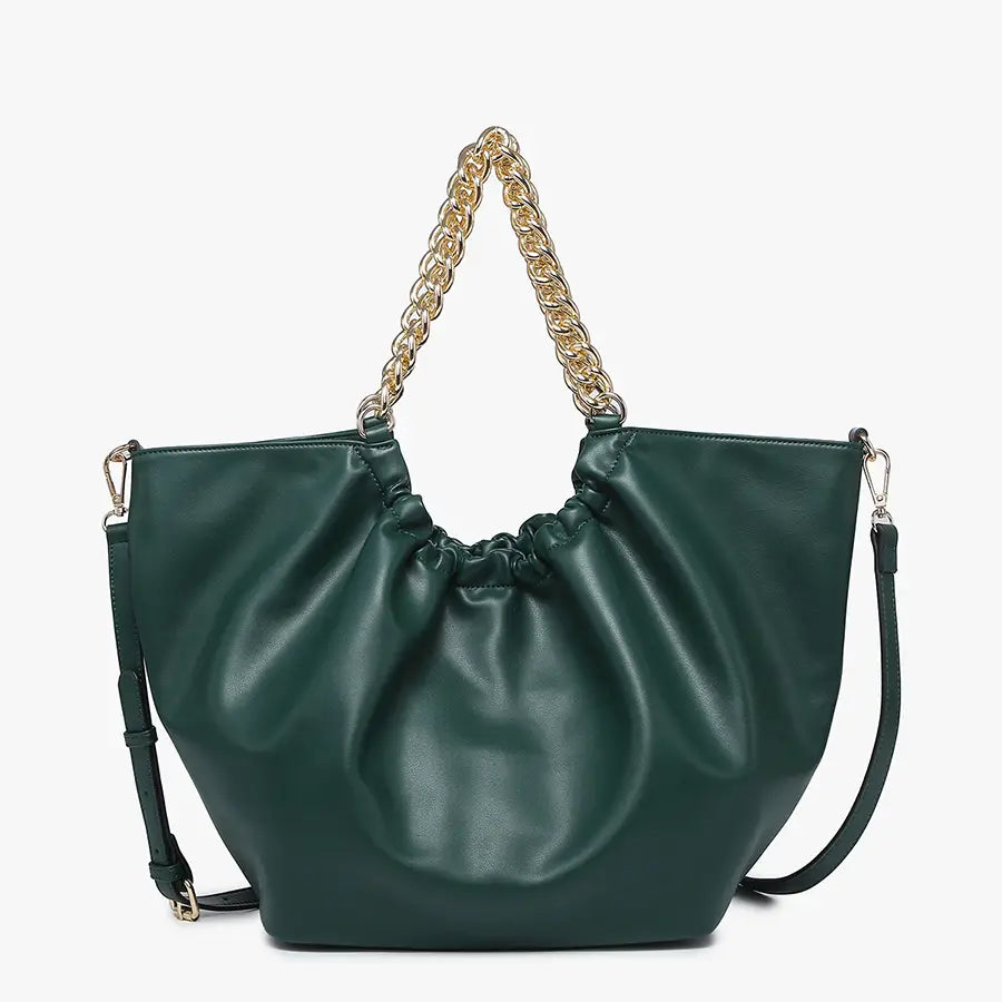 Green Slouchy Satchel with Embellished Chain