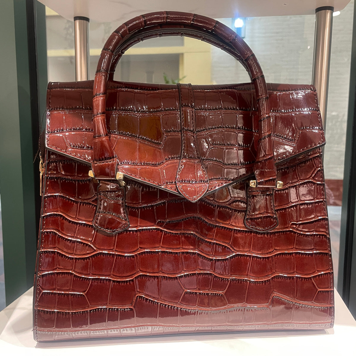 Faux Crocodile Patent Leather Lady Bag (Chocolate Brown)