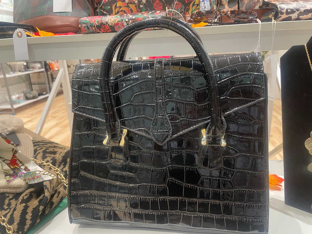 Faux Crocodile Patent Leather Lady Bag (Black)