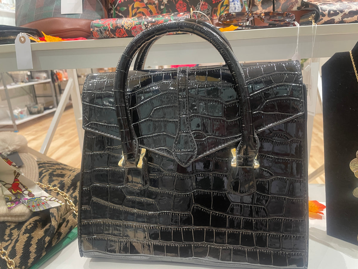 Faux Crocodile Patent Leather Lady Bag (Black)