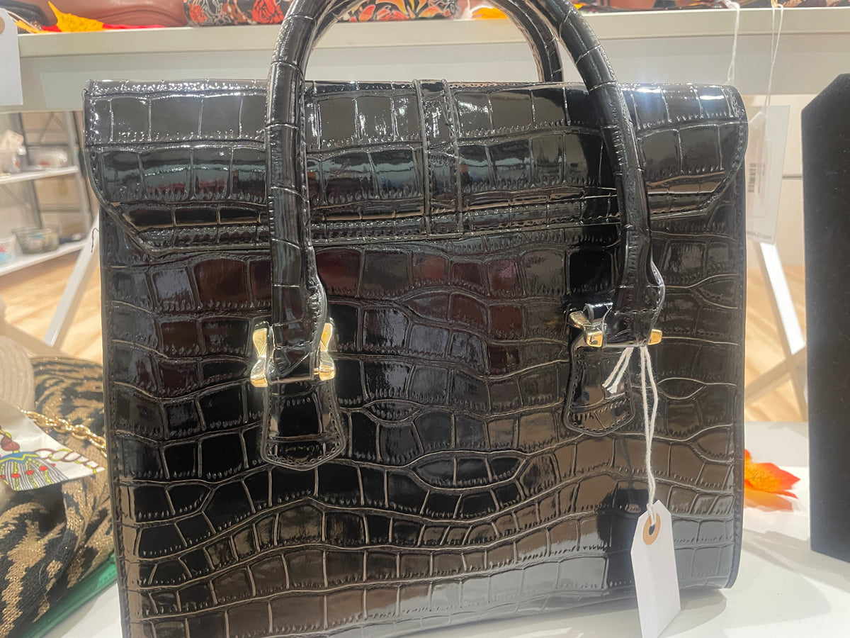 Faux Crocodile Patent Leather Lady Bag (Black)