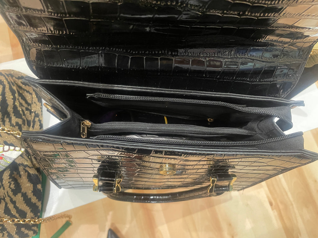 Faux Crocodile Patent Leather Lady Bag (Black)