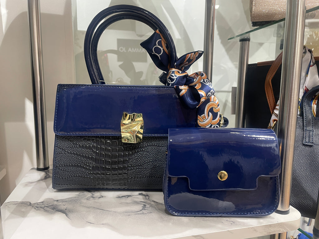 Patent Leather 2 Pc Shoulder Bag Set (Navy)