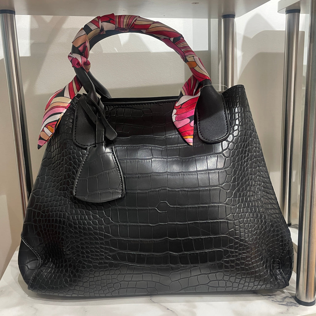 Black Faux Crocodile Satchel Bucket Bag