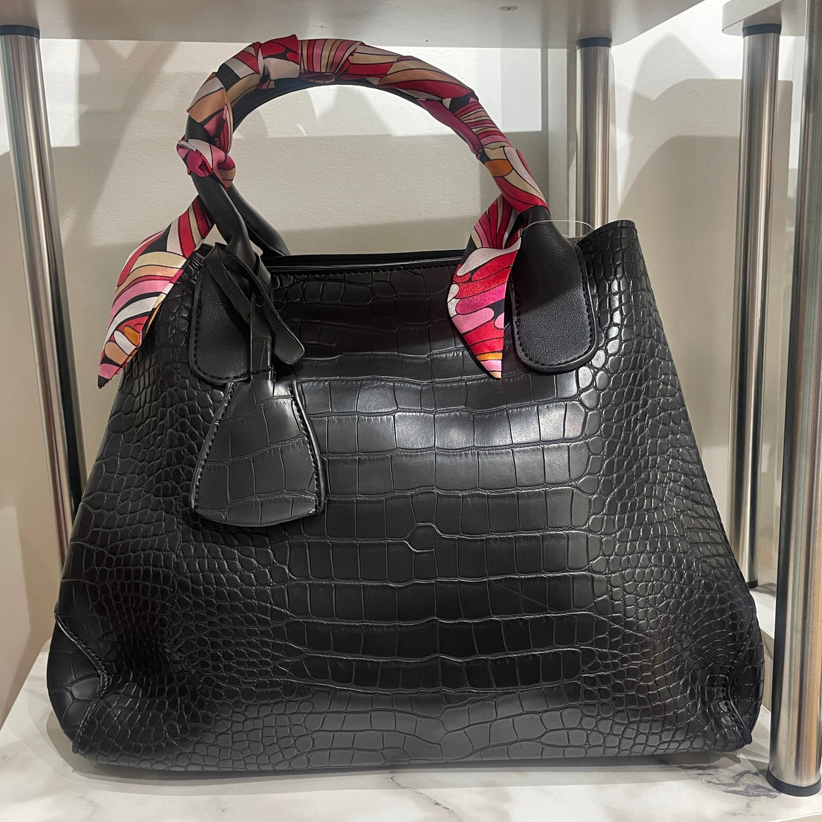 Black Faux Crocodile Satchel Bucket Bag