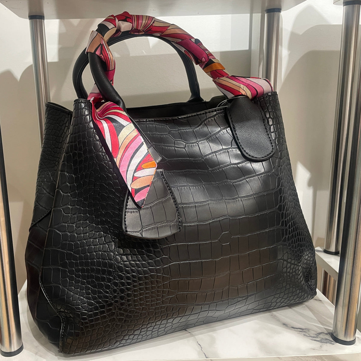 Black Faux Crocodile Satchel Bucket Bag