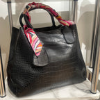 Black Faux Crocodile Satchel Bucket Bag