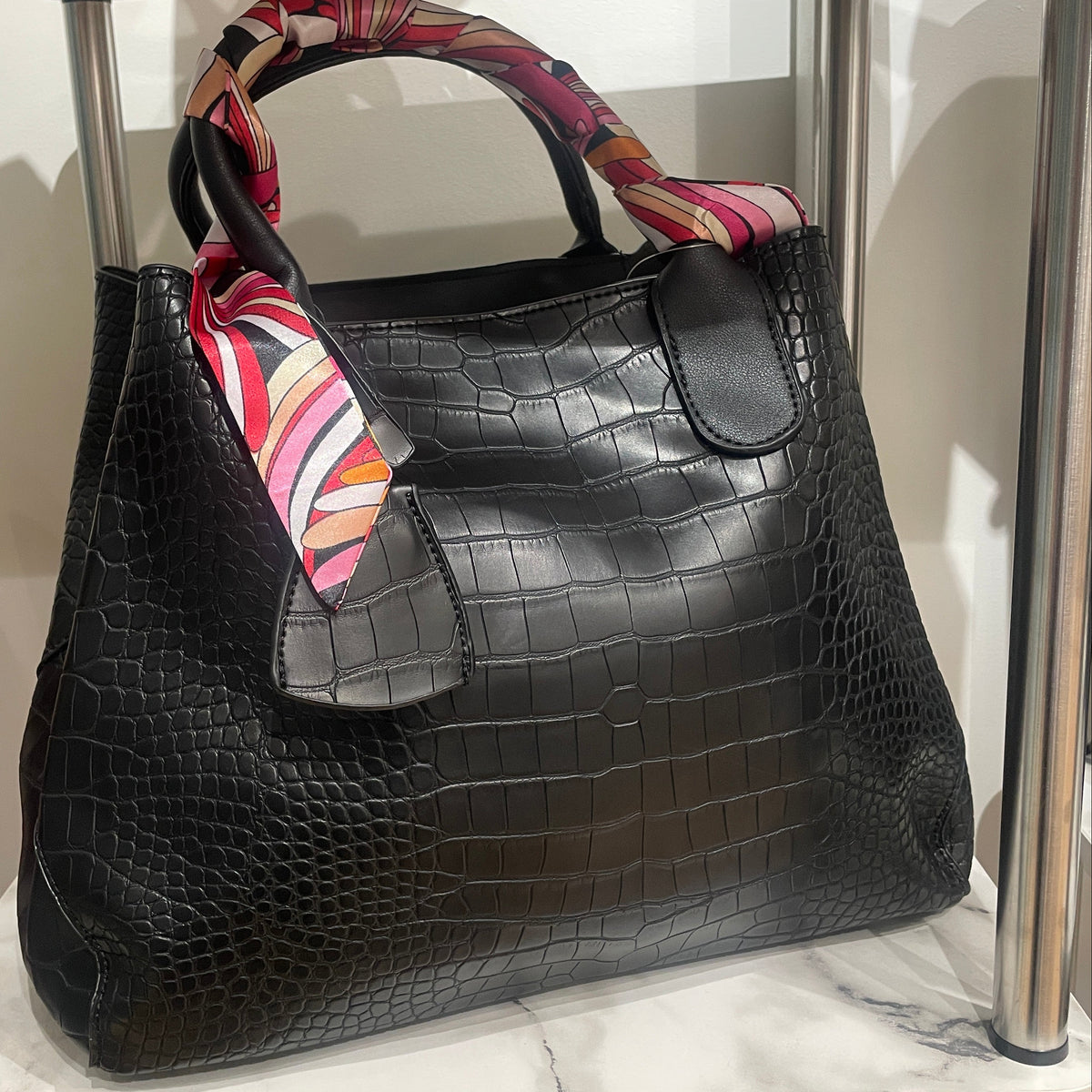 Black Faux Crocodile Satchel Bucket Bag