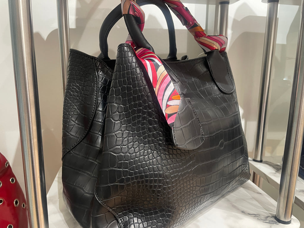 Black Faux Crocodile Satchel Bucket Bag