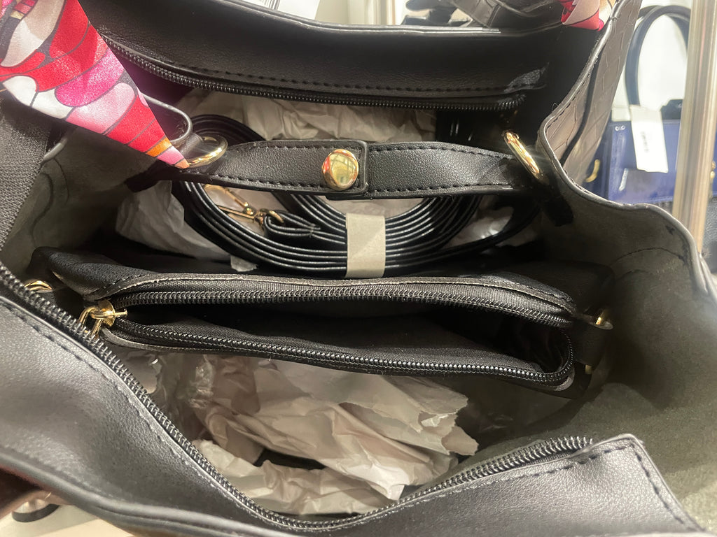Black Faux Crocodile Satchel Bucket Bag