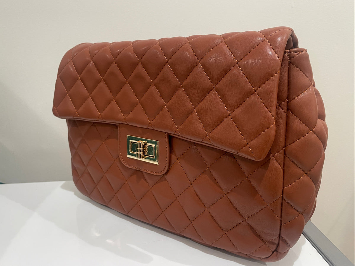 Quilted Faux Leather Chic Mini Bag Backpack (Camel Brown)