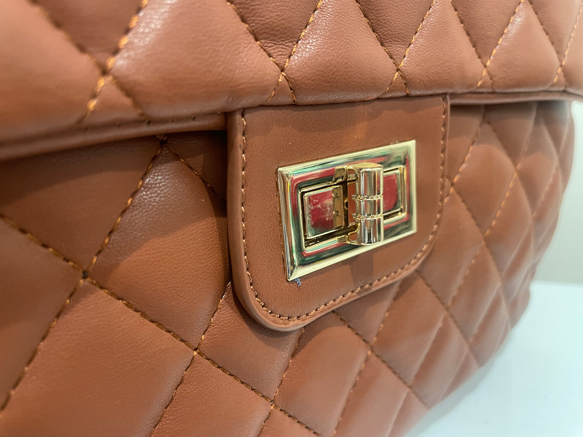 Quilted Faux Leather Chic Mini Bag Backpack (Camel Brown)