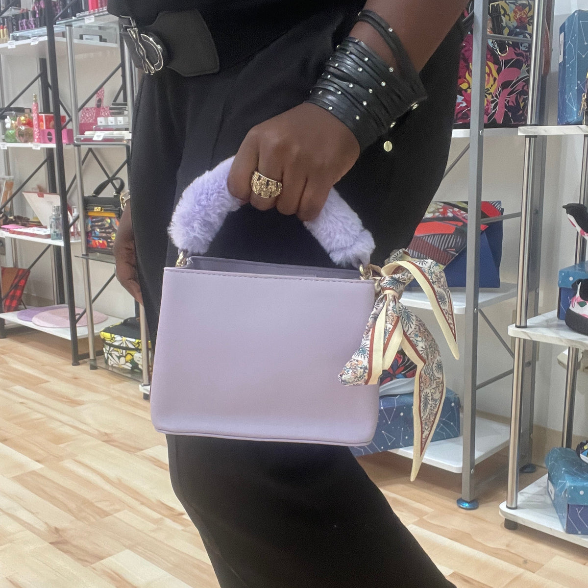 Lavender Faux Fur Trim Handle Mini Bag