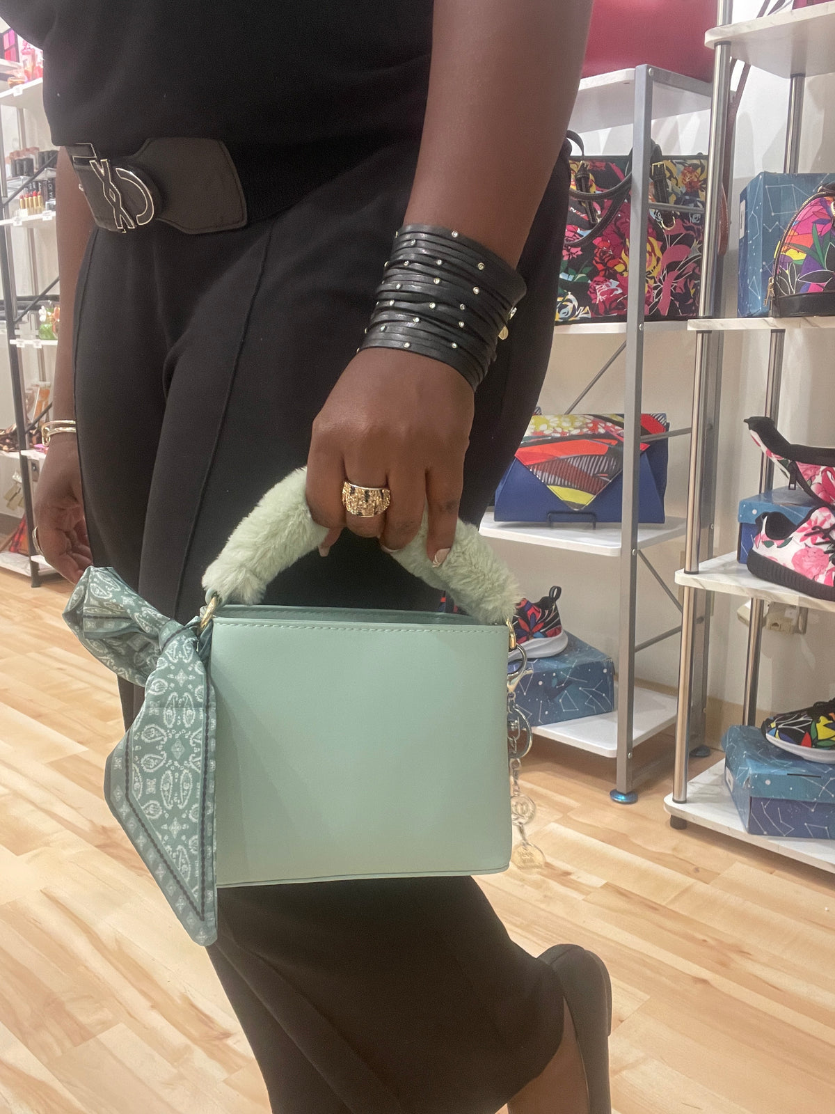 Sage Green Faux Fur Trim Handle Mini Bag