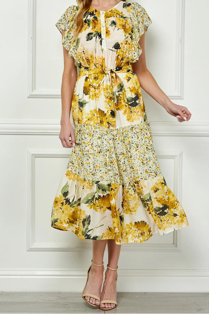 Yellow Floral Midi Dress