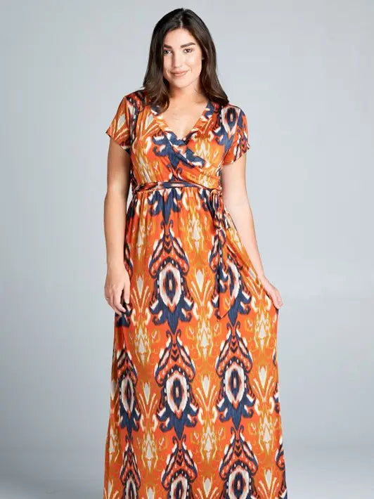 Plus Size Belted Wrap Dress - Orange Multi
