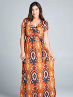 Plus Size Belted Wrap Dress - Orange Multi