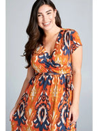 Plus Size Belted Wrap Dress - Orange Multi