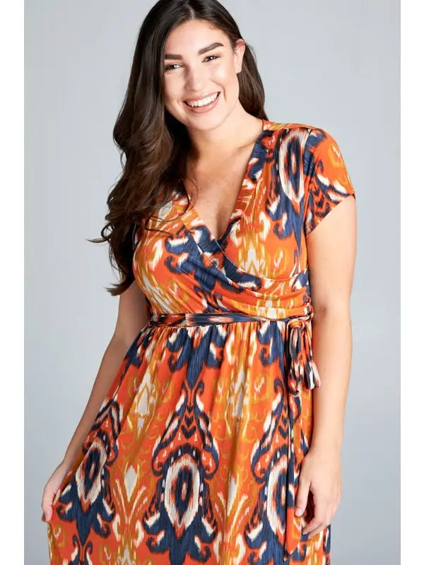 Plus Size Belted Wrap Dress - Orange Multi