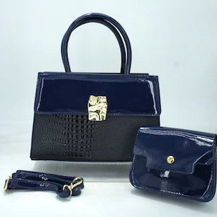 Patent Leather 2 Pc Shoulder Bag Set (Navy)