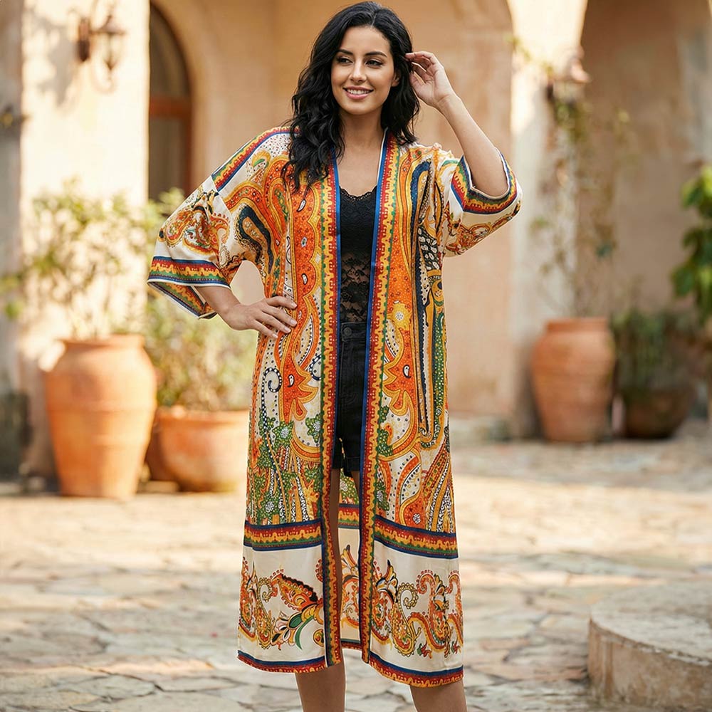 Spring Kimono - Orange Multi Japanese Inspired Print