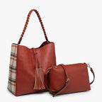 Camel Brown and Plaid Bucket Tote