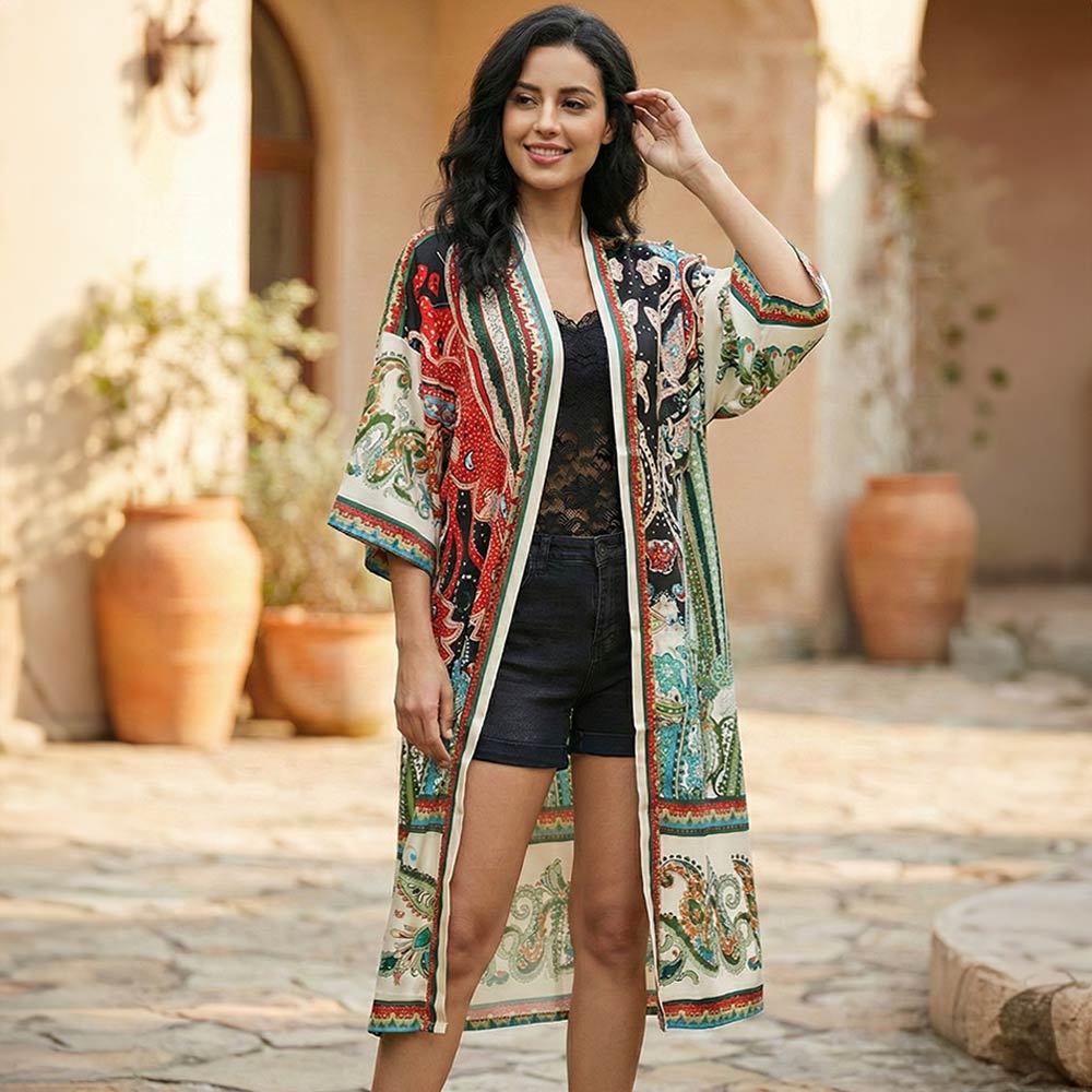Spring Kimono - Red Green Multi Japanese Inspired Print