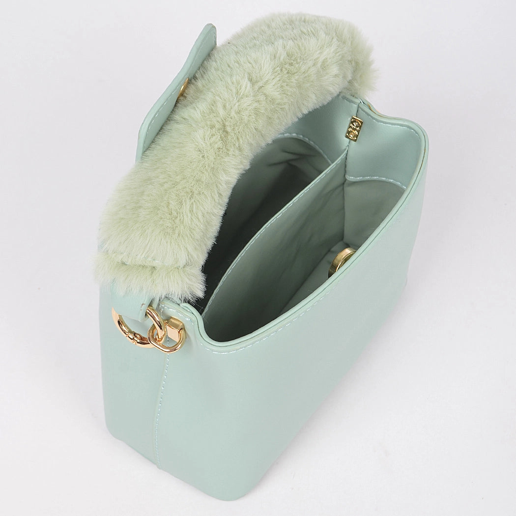 Sage Green Faux Fur Trim Handle Mini Bag
