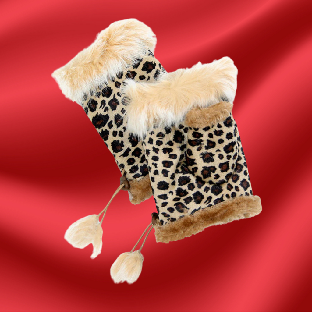 Leopard and Beige Faux Fur Trimmed Fingerless Knit Gloves