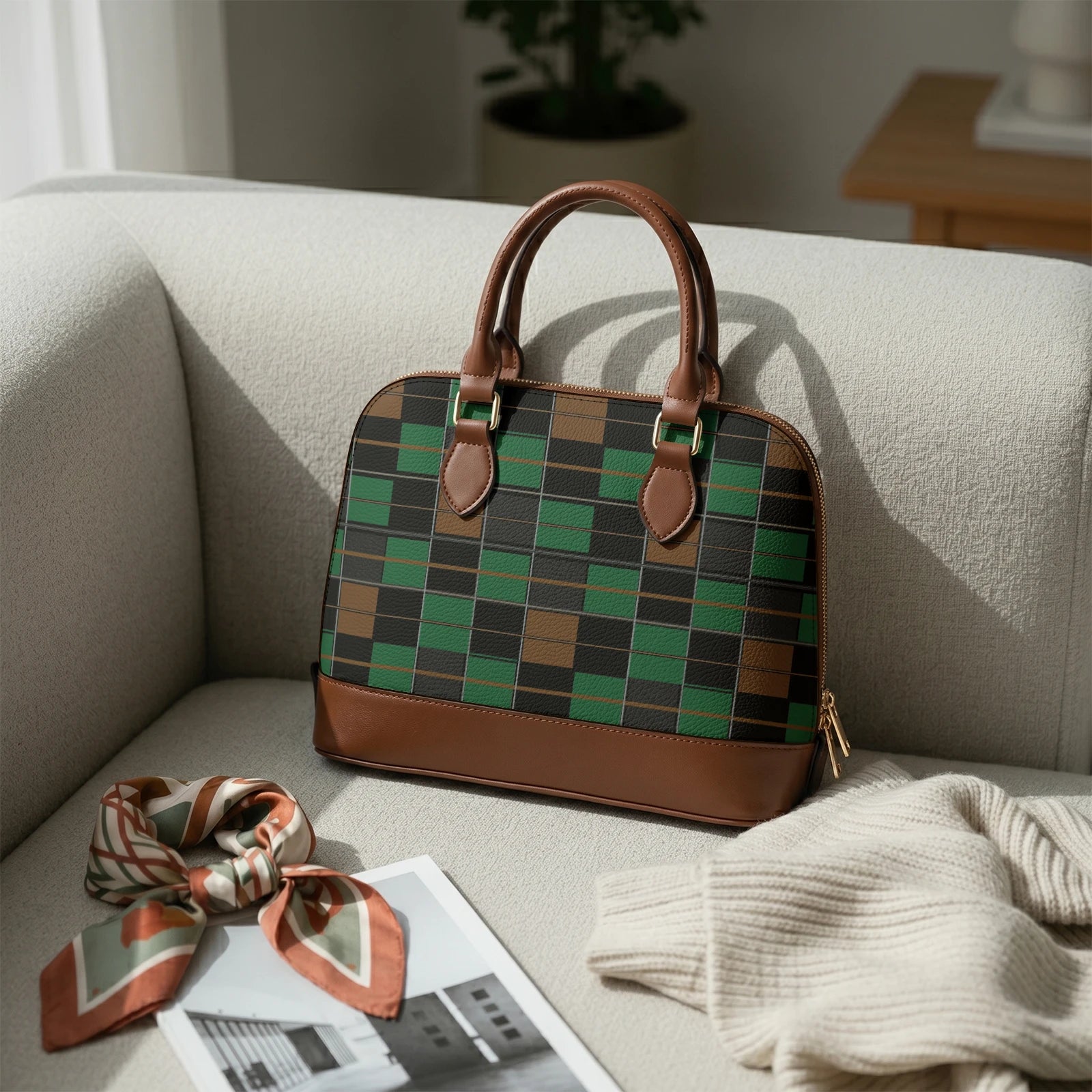 (Pre-Oder) Fall Green Tartan Brandy Satchel