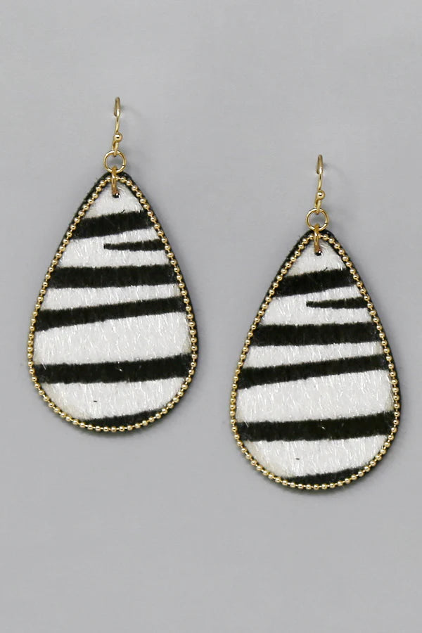 (BOGO) Animal Print Teardrop Zebra PU Leather Earrings