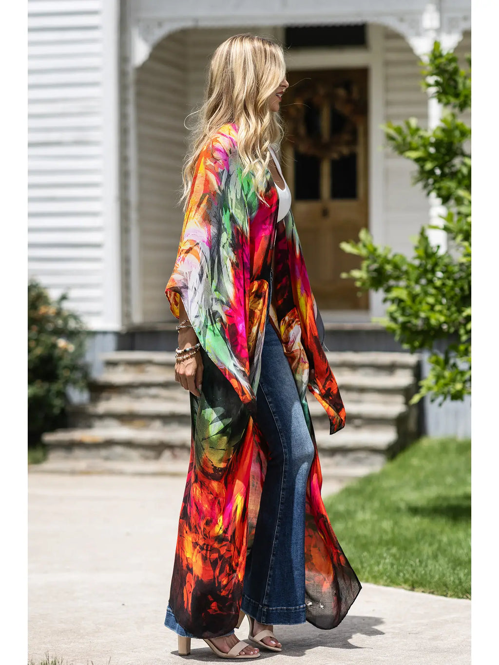 Orange Pink Multicolor Long Luxury Kimono