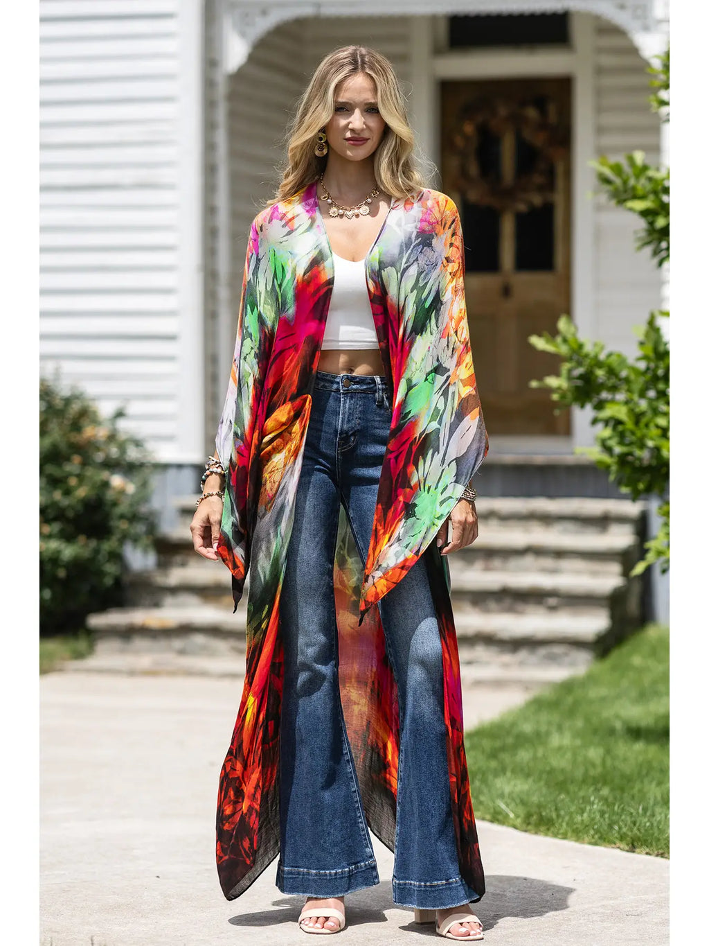 Orange Pink Multicolor Long Luxury Kimono