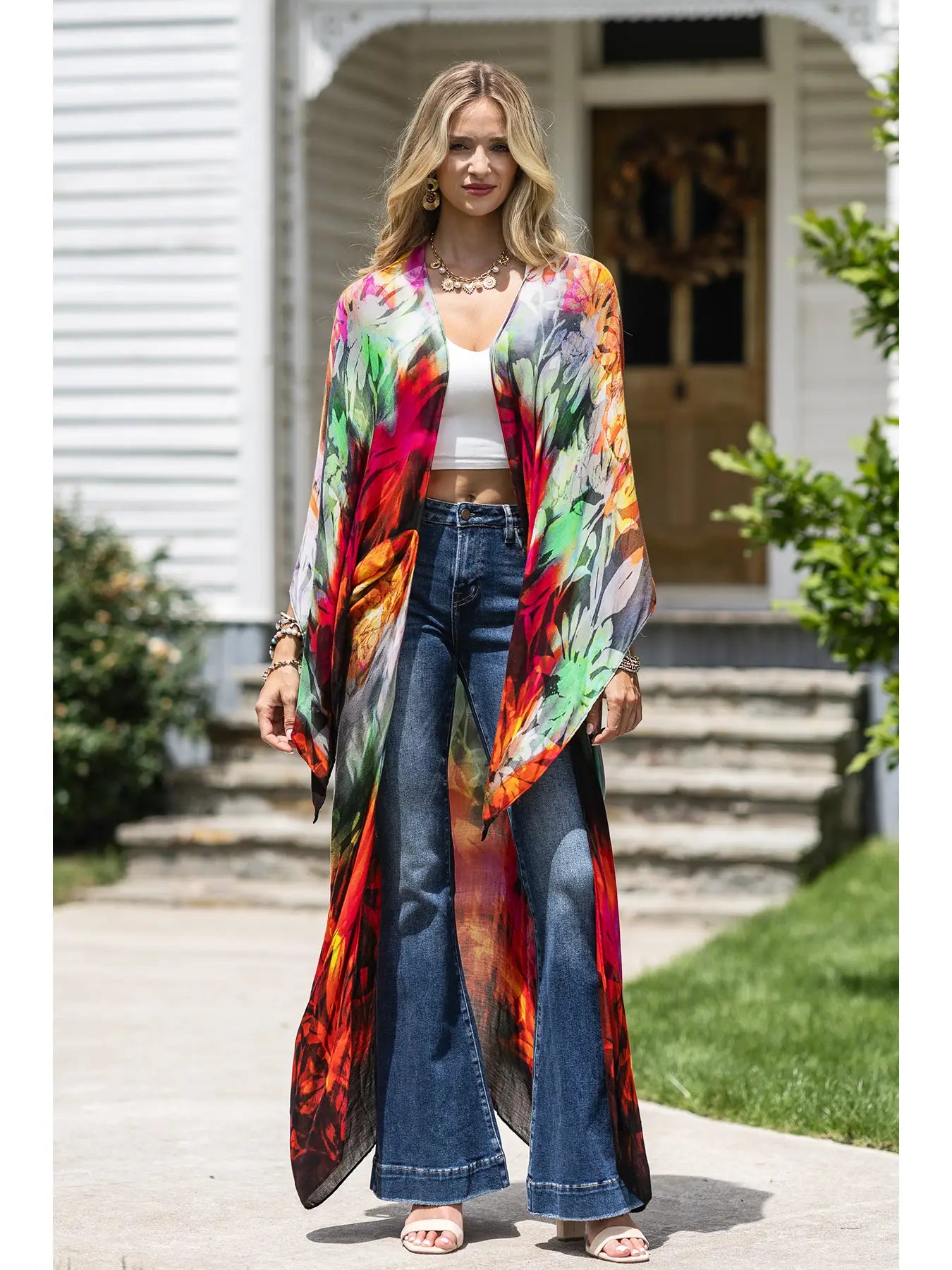 Orange Pink Multicolor Long Luxury Kimono