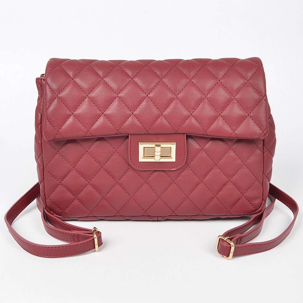 Quilted Faux Leather Chic Mini Bag Backpack (Wine)