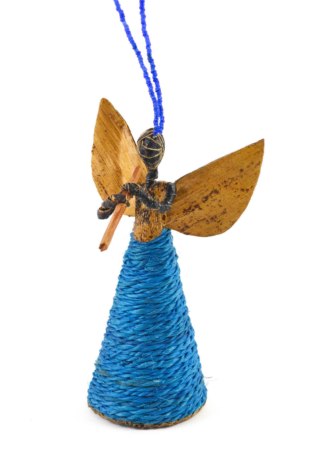 Small Banana Fiber and Blue Sisal Angel Ornament