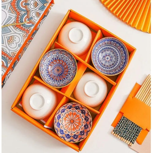 Orange Hues 6 Piece Rice Bowl Set with Chopsticks