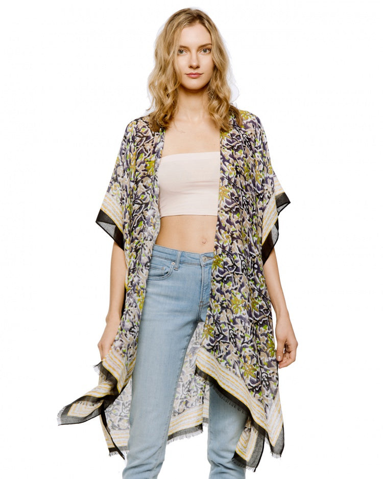 Black and Green Abstract Floral Kimono