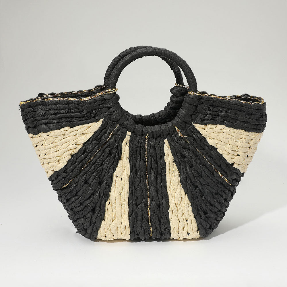 Woven Raffia Boat Shaped Bag - Black