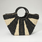 Woven Raffia Boat Shaped Bag - Black