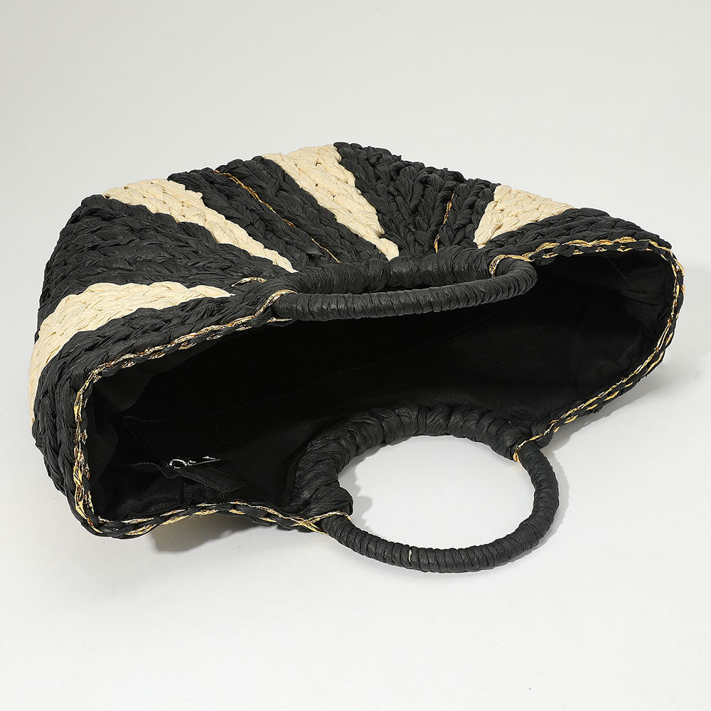 Woven Raffia Boat Shaped Bag - Black