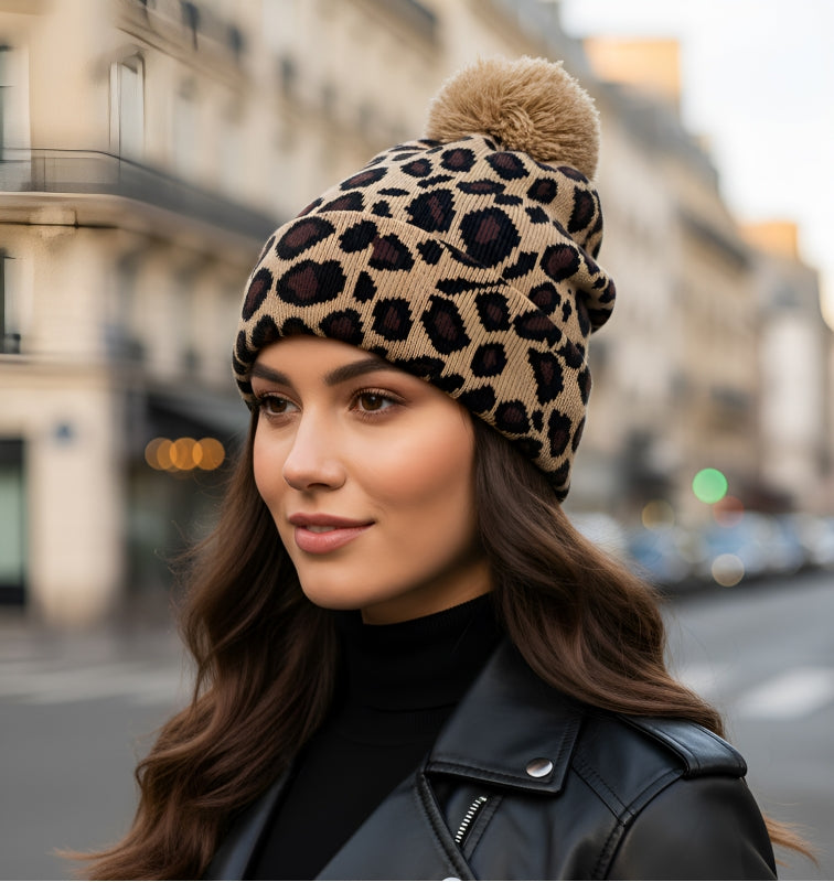 Leopard Pom Pom Beanie