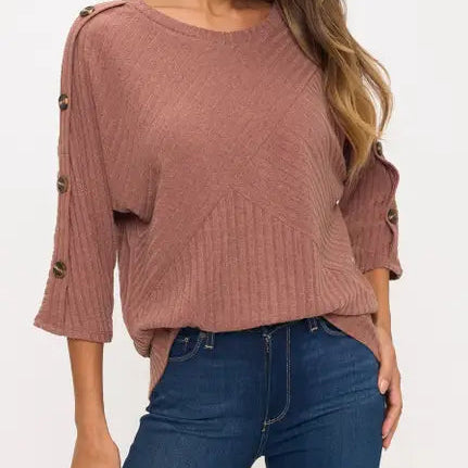 Camel Brown Ribbed Off Shoulder Knit Top