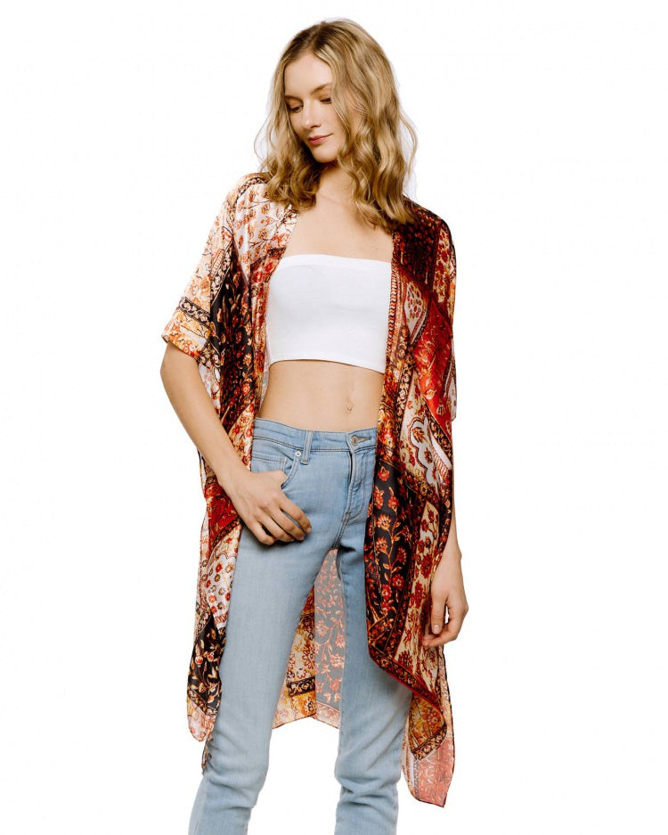Brown Hues Patchwork Print Kimono