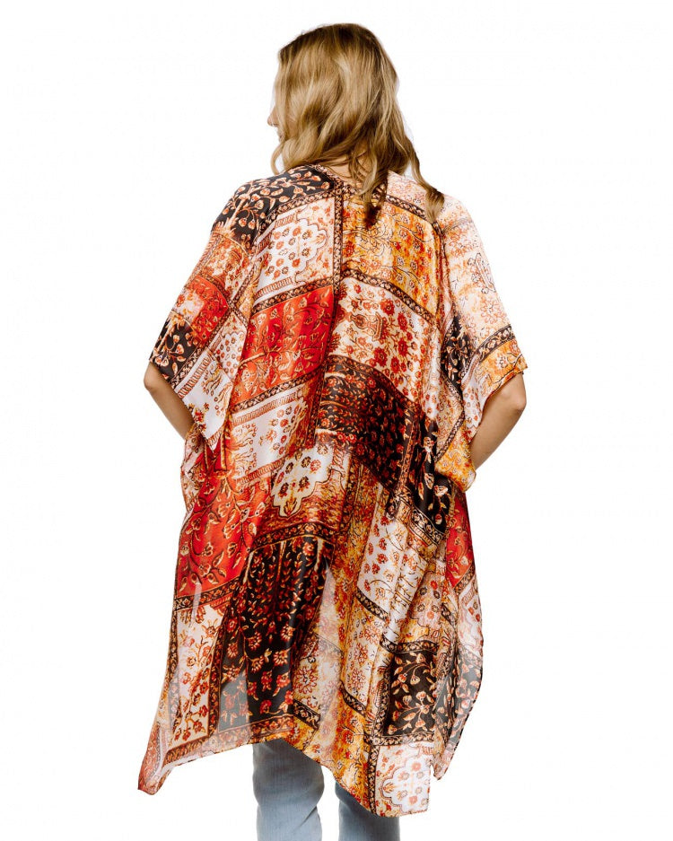 Brown Hues Patchwork Print Kimono